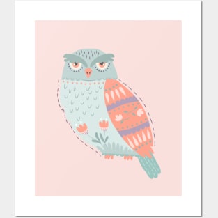 Folk Art Owl on Pink Posters and Art